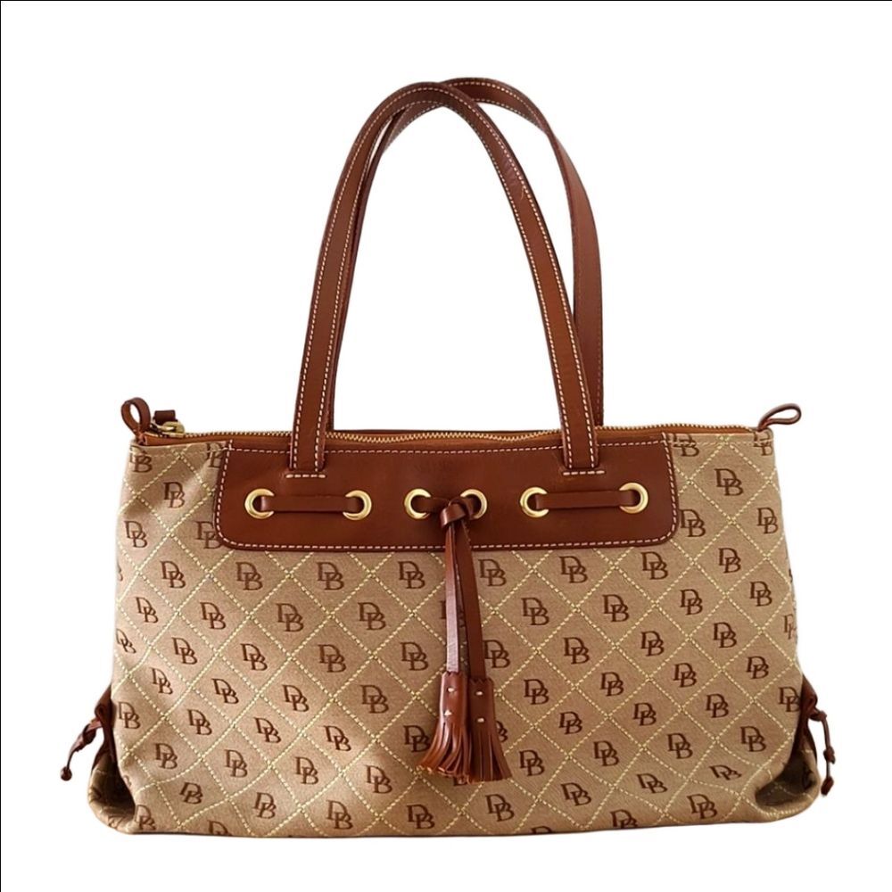 Dooney & Bourke Signature Monogram Satchel Beige Brown Tassel Shoulder Bag EUC